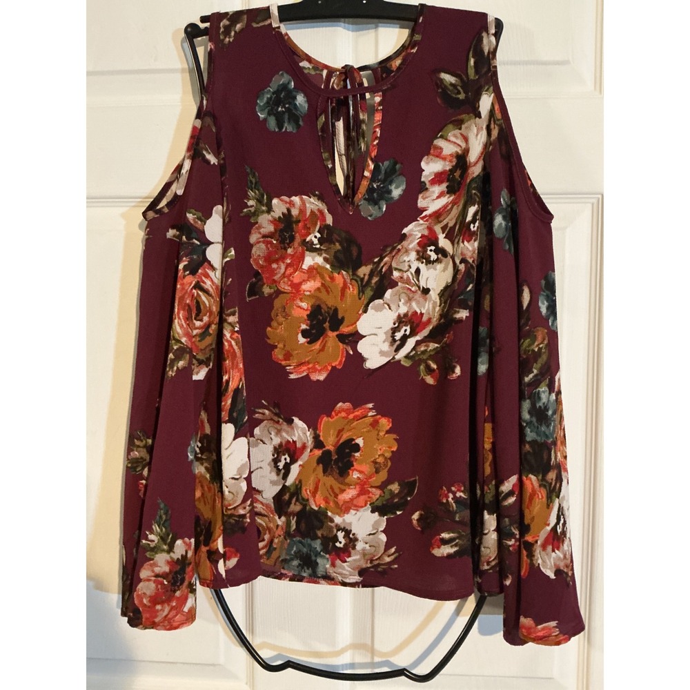 Burgundy Floral Cold Shoulder Bell Sleeve Blouse Keyhole Tie Top Womens